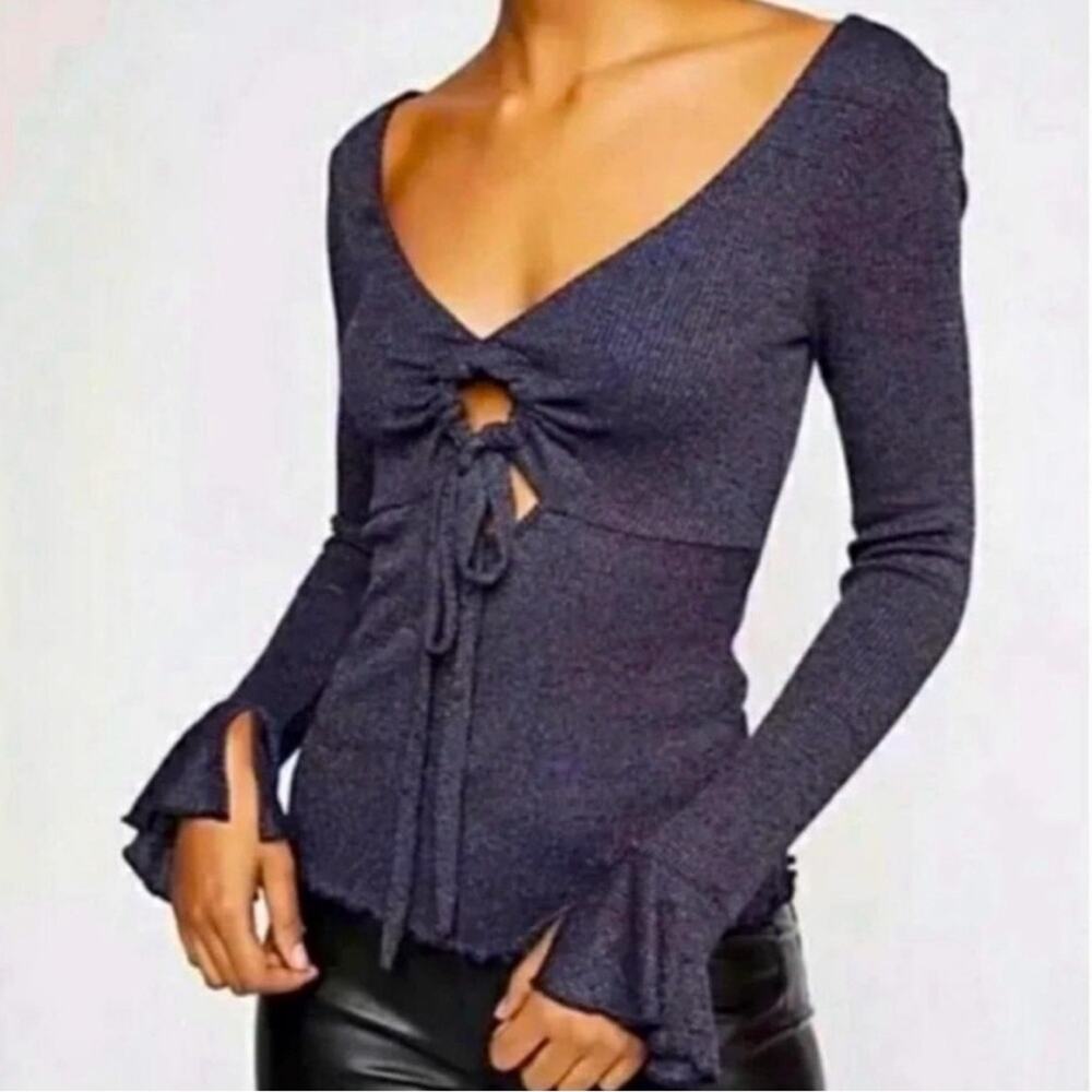 Free People Say When Metallic Keyhole Long Sleeve Top - Navy - Small